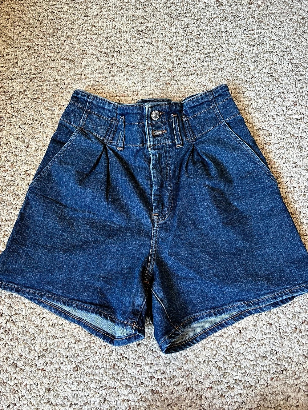 Express Midi Super High Rise Paperbag Denim Shorts Blue Size 2
